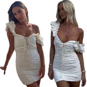 ZARA NWT White Draped Ruched Linen Ruffle Strap Contour Bodycon Tie Mini Dress